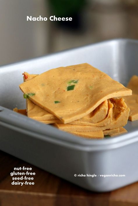 Nut Free Vegan Nacho Cheese Slices | Vegan Richa Chickpea Cheese, Nachos Cheese, Vegan Nacho Cheese, Vegan Nachos Cheese, Smoothies Vegan, Vegan Cheese Recipes, Vegan Nachos, Vegan Richa, Keto Vegan