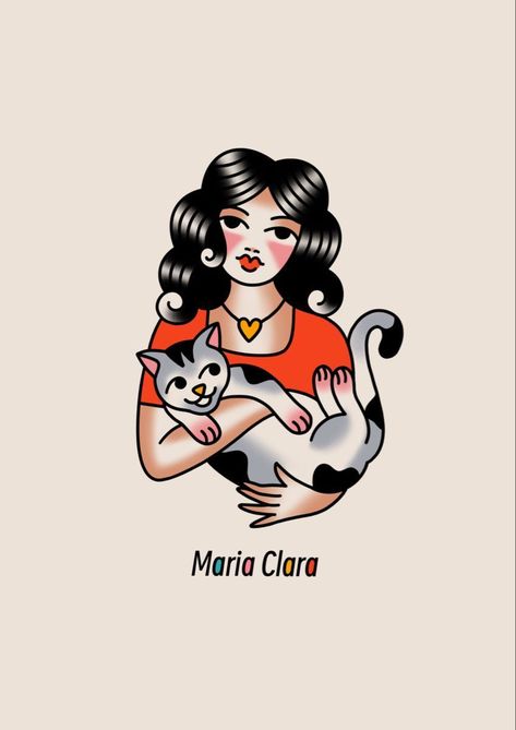 Woman With Cat Tattoo, Traditional Cat Tattoos, Women Traditional Tattoo, Cat Lady Tattoo, American Traditional Cat, Traditional Cat Tattoo, Traditional Tattoo Woman, Pin Up Girl Tattoo, Traditional Tattoo Inspiration