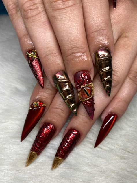 Red Dragons, horns, eye Dragon Print Nails, Nails Dragon Design, Dragon Acrylic Nails, Dragon Inspired Nails, House Of The Dragon Nails, Httyd Nails, Skyrim Nails, Targaryen Nails, Dragon Eye Nails