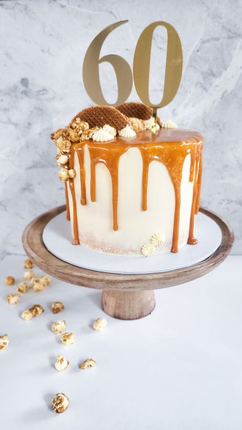 Caramel drip 60th birthday cake Drip Cake 60th Birthday, Birthday Cake Ideas 60th, 60 Cake Ideas For Men, 60th Birthday Cake Men, Caramel Birthday Cake Ideas, Cakes For 60th Birthday Men, 65th Birthday Cakes For Men, 60th Birthday Cake For Men Dads, Cake For 60th Birthday Men