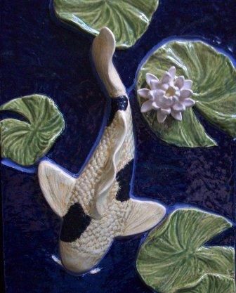 Ripples - 9"by13" Tile Ceramic Ideas Art, Clay Relief Ideas, Relief Tiles Ceramics Ideas, Clay Tile Ideas, Koi Pottery, Relief Tiles Ceramics, Clay Relief Tiles, Ceramic Koi Fish, Clay Relief