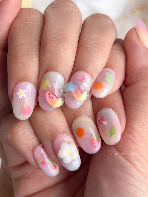 Kawaii Spring Nails, Different Coloured Nails, Character Art Nails, Hungry Caterpillar Nails, Caterpillar Nails, Korean Spring Nails, Nail Art Beach, Korean Nail Designs, Colourful Nail