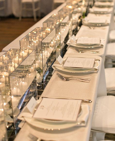 Mirrored Table Decor, Wedding Favours Luxury, Wedding Favor Table, Black And White Wedding Theme, Candle Wedding Centerpieces, White Wedding Theme, Celebrity Wedding, Candle Table, Thanksgiving Table Settings