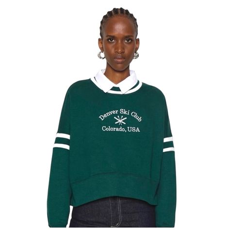 New Free People “Denver Ski Club” Crewneck Cropped Sweatshirt - Runs Small, Tag Says Medium - Msrp $98 - New Without Tags - Forest Green And White - Cropped Classic Crewneck Style Ski Club, Crewneck Style, Cropped Sweatshirt, Abercrombie & Fitch, White Crop, Crop Sweatshirt, Green And White, Free People Tops, Forest Green