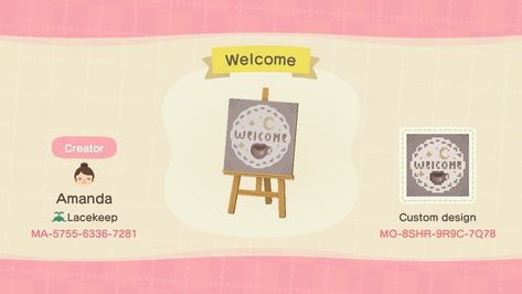 Able Sisters Sign Acnh, Animal Crossing Coffee Shop, Acnh Welcome Sign Code, Acnh Welcome Pattern, Cafe Sign Acnh, Acnh Island Welcome Sign, Farmcore Acnh, Animal Crossing Coffee, Acnl Paintings