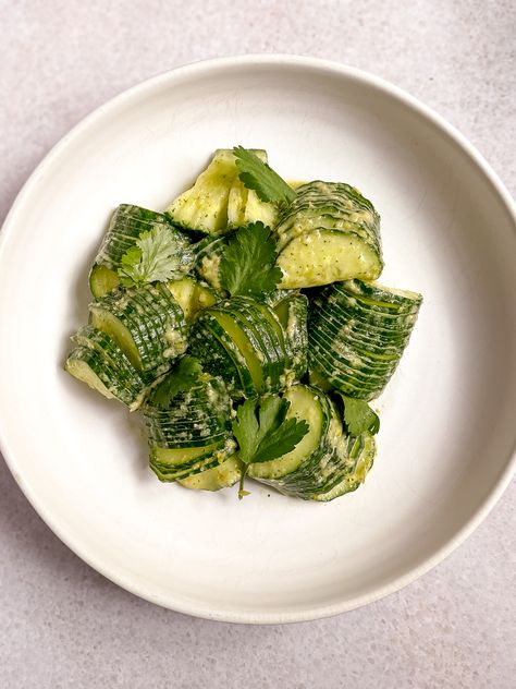 Cucumber Salad With Green Harissa Green Harissa, Caraway Seeds, Green Bell Peppers, Coriander Seeds, Cucumber Salad, Chinese Restaurant, Spice Mixes, 4 Ingredients, Hot Sauce