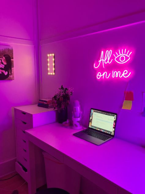 Neon Bedroom Aesthetic Ideas Small Room, Content Creator Room Ideas, Pink Neon Lights Bedroom, Pink Aesthetic Room Ideas Led Lights, Led Signs Bedroom Amazon, Hot Pink Led Light Bedroom, Rich Girl Bedroom, Small Bedroom Ideas For Women, Neon Signs Bedroom Purple