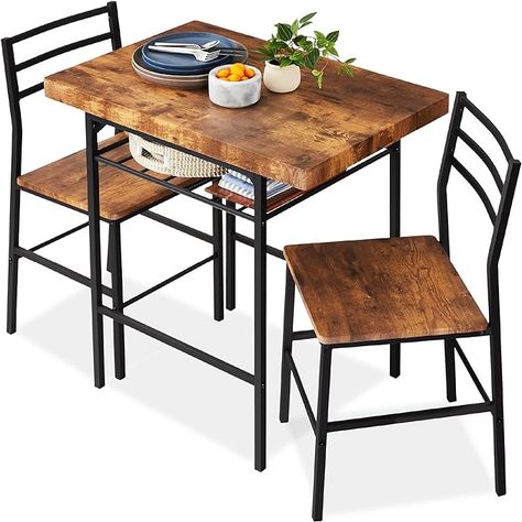 Amazon.com - Best Choice Products 3-Piece Modern Dining Set, Space Saving Dinette for Kitchen, Dining Room, Small Space w/Steel Frame, Built-in Storage Rack - Brown - Table & Chair Sets Modern Dining Set, 3 Piece Dining Set, Wire Shelf, Dining Sets Modern, Table And Chair Sets, Square Tables, Wooden Chair, Built In Storage, Dining Room Sets