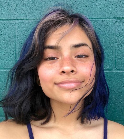 Blue Hair Tan Skin, Dyed Wavy Hair, Hair Tan Skin, Face Practice, Blue Black Hair, Dark Blue Hair, Haircuts Straight Hair, Face Photography, Tan Skin