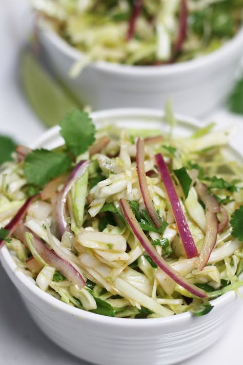 Two single servings of Mexican Cabbage Slaw in small white bowls. Mexican Cabbage Slaw, Dairy Free Coleslaw, Cabbage Slaw For Tacos, Slaw For Tacos, Shrimp Burritos, Mexican Coleslaw, Tacos Shrimp, Mexican Slaw, Coleslaw Recipes