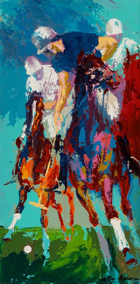 LeRoy Neiman (American, 1921-2012). Blind Brook Polo, 1965. Oil on panel. 23-3/4 x 11-3/4 inches (60.3 x 29.8 cm) Leroy Neiman Paintings, Polo Painting, Leroy Neiman, Abstract Horse Painting, Sports Painting, Chicken Painting, Abstract Horse, Painter Artist, Equine Art