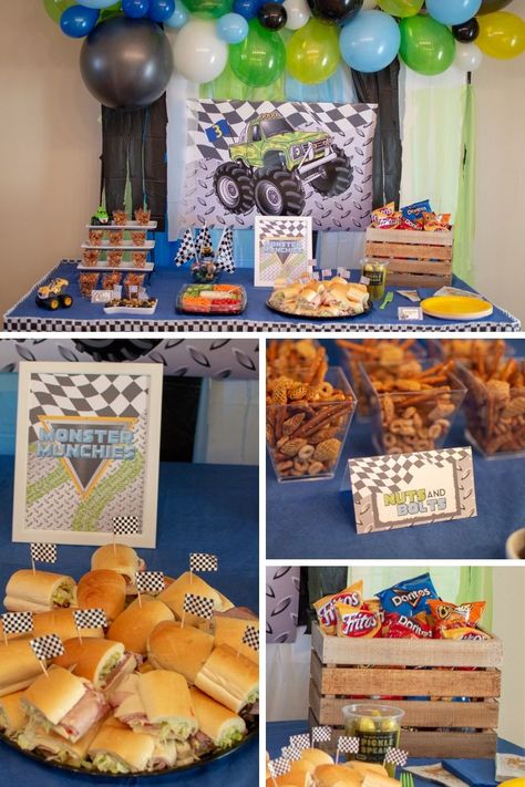 Monster Truck Concession Stand, Party Favors Monster Truck, Blaze Birthday Party Food Ideas, Monster Truck Breakfast, Monster Truck Candy Table, Monster Truck Rice Krispie Treats, Diy Monster Truck Birthday Decorations, Monster Trucks 3rd Birthday Party, Monster Truck Theme 3rd Birthday Party