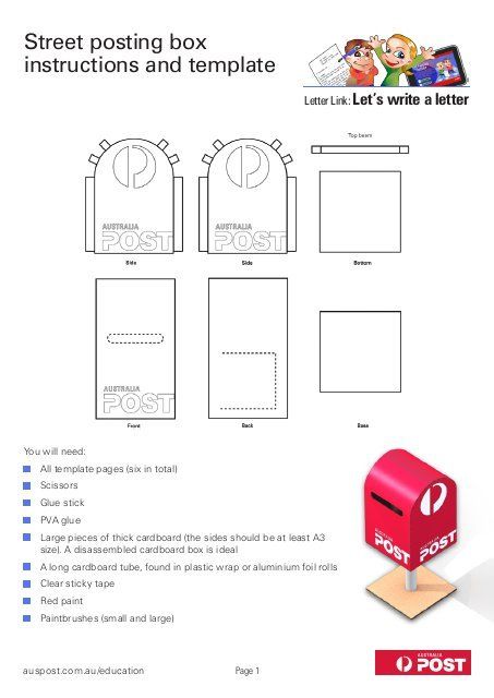 Street posting box instructions and template - Australia Post Post Box Craft, Box Template Printable, Santa Mail, Interactive Journals, Writer Workshop, Box Packaging Design, Australia Post, Post Box, Box Template