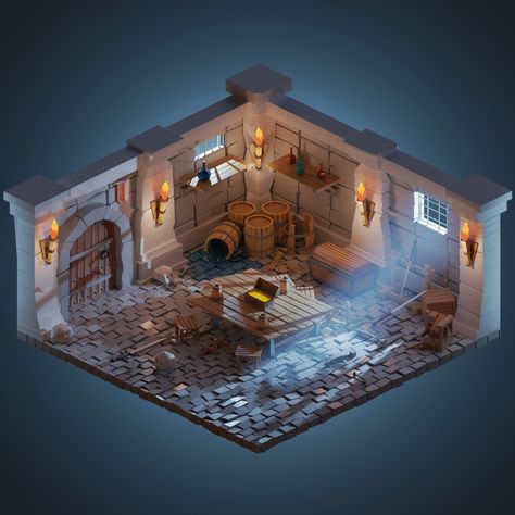 Low Poly Dungeon, Fantasy Dungeon Room, Blender Project Ideas, Dungeon Concept Art, Isometric Dungeon, 3d Isometric Room, Dungeon Design, 3d Environment Art, Dungeon Art