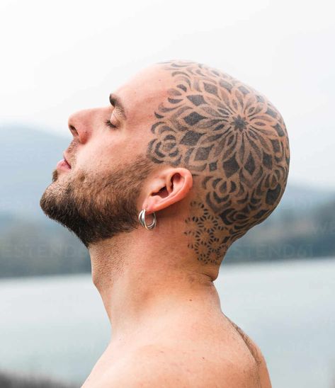 Head Tattoo Hair, Bald Tattoo, Bald Head Tattoo, Tattoo Crane, Hairline Tattoos, Scalp Tattoo, Scale Tattoo, Bald Man, Head Stand