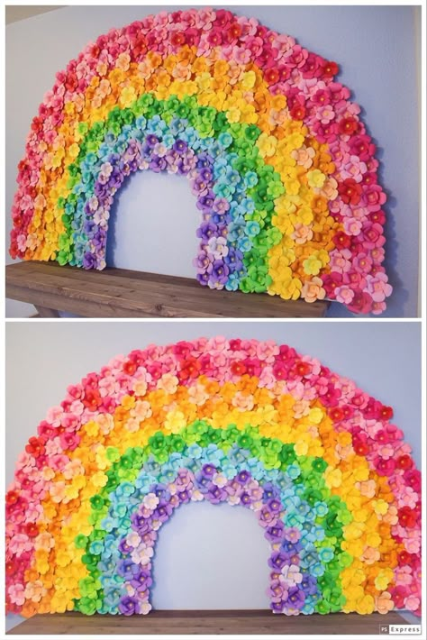 Pink Colour Day Celebration In Preschool, Rainbow Flower Wall, Paper Craft Design, Paper Towel Roll Art, Design For Project, Circus Crafts, Flower Rainbow, Rainbow Party Decorations, Paper Flower Art