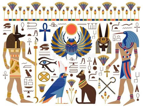 Flat Ancient Egyptian Symbols and Gods Set. Egypt mythology set with egyptian gods, symbols and hieroglyphs. Including Bast, Horus, Anubis, Thoth, sacred winged vector illustration Egyptian Wall Art, Egypt Design, Egyptian Pattern, Egyptian Painting, Ancient Egyptian Symbols, Egyptian Design, Ancient Egypt History, Egypt Tattoo, Ancient Egyptian Gods