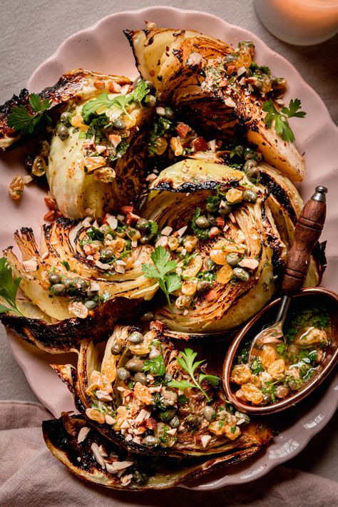 Oven-Roasted Cabbage Wedges with Caper Raisin Relish Grilled Cabbage Steaks, Cabbage Wedges, Roasted Cabbage Wedges, Grilled Cabbage, Small Cabbage, Vegan Worcestershire Sauce, Roasted Cabbage, Toasted Almonds, Main Courses