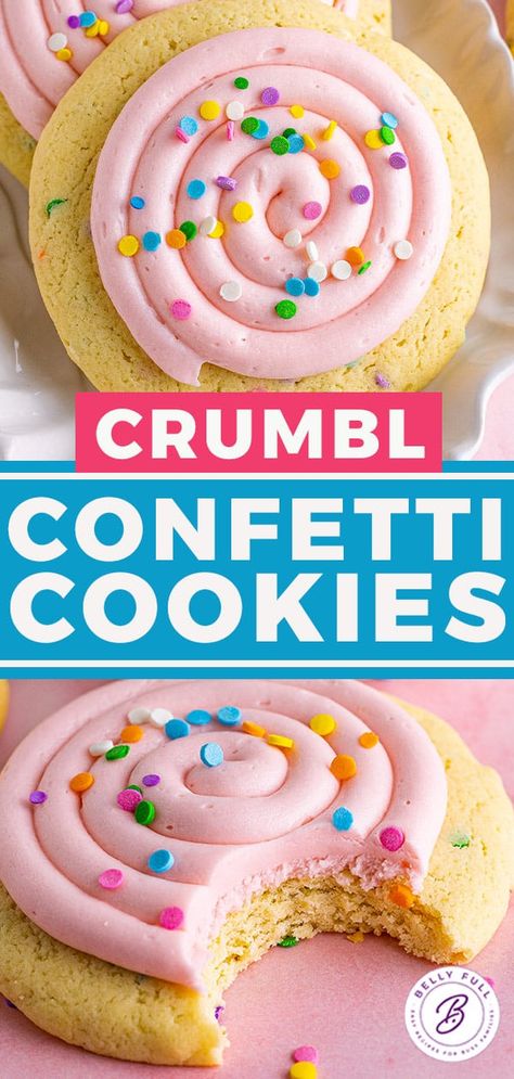 Crumbl Confetti Cookies (copycat recipe) - Belly Full Crumbl Vanilla Bean Cookie, Confetti Crumb Cake Cookies, Crumble Confetti Cookie, Crumbl Confetti Cookie Copycat, Crumbl Confetti Cookies, Crumble Cookie Frosting Recipe, Crumbles Copycat Cookies, Crumbl Cookie Frosting Recipe, Home Made Crumble Cookie