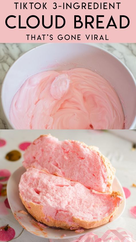 Make the 3 ingredient cloud bread that's all over tiktok and instagram right now! Cloud bread recipe! This is not the keto cloud bread. Cute dessert idea, baking, bake, dessert, pink dessert, unicorn party food #cloudbread #tiktok #instagram #pink #dessert Keto Cloud Bread, Pan Nube, Cloud Bread Recipe, Pink Dessert, Cloud Bread, From Tiktok, Keto Diet Meal Plan, Bread Recipes Homemade, 3 Ingredient