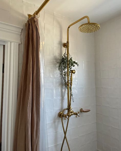 Waterfall shower head in newly renovated bathroom. Farmhouse Shower Head, Shower Bath Bathroom, Modern Cottagecore Bathroom, Shower Backsplash Ideas, Waterfall Shower Bathroom, Small Shower Design, Vintage Boho Bathroom, Small Cottage Bathroom, Shower Head Ideas