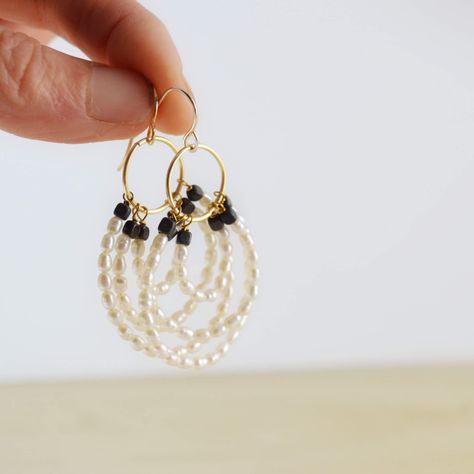 Unique Layered Pearl Earrings for Women - Circle Hoop Handmade Jewelry - Handmade Beaded Earrings - Freshwater Pearl and Black Hematite Dangle Earrings  Wear this to the office and get noticed!!  #EarringsPearlModern #Pearldangleearrings #Bohoblackandpearl #chicworkwear #lepajewelry Trinity Knot Ring, Women Circle, Handmade Beaded Earrings, Rice Pearls, Hoop Dangle Earrings, Women's Circle, Handmade Earrings Beaded, Pearl Hoop Earrings, Hematite Beads