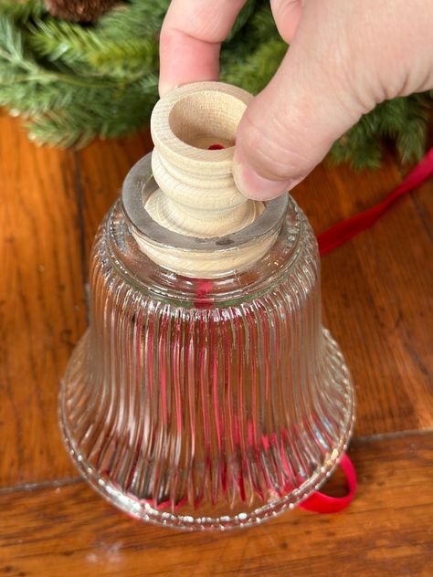 DIY Christmas Bells Made from Upcycled Glass Shades - Chandelier Shade Bells Diy, Wine Glass Shades Diy, Chandelier Shade Bells, Glass Light Covers Repurposed, Bells Made From Glass Shades, Crafts Using Light Globes, Vintage Glass Upcycle, Glass Lampshade Repurpose, Diy Glass Lamp Shade