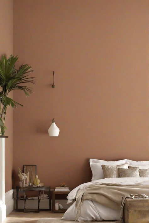 interior bedroom design, home decorating, living room interior, home interior design Bedroom With Feature Wall Colour, One Wall Colour Bedroom, Clay Paint Living Room, Bedroom Clay Color, Salmon Bedroom Walls, Ochre Bedroom Walls, Clay Coloured Bedroom, Neutral Bedroom Paint Colors 2024, Colour Scheme Bloxburg