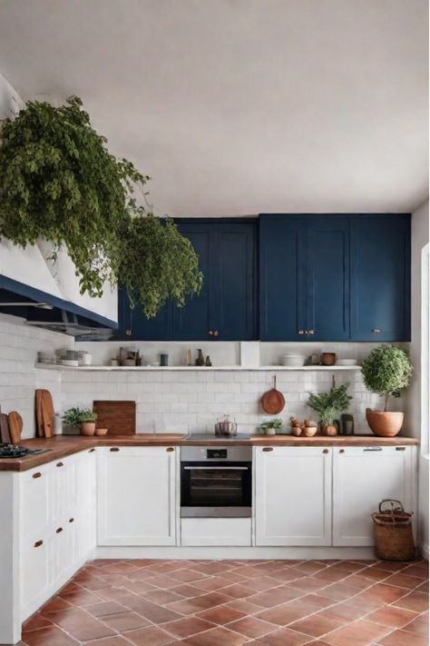 Warm and cool tones in Mediterranean-style kitchen Blue And Terracotta Kitchen, California Spanish Kitchen, Light Blue Terracotta, Popular Kitchen Colors, Terracotta Kitchen, Spanish Home Interior, Kitchen Color Palettes, Terracotta Colour, Inviting Kitchen