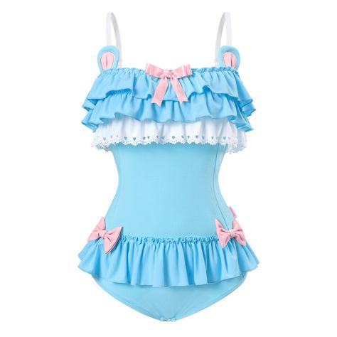 Blue Kawaii Clothes, Kawaii Costumes, Frilly Swimsuit, Teddy Bear Onesie, Bear Onesie, Costume Making, Teddy Lingerie, Ruffle Swimsuit, Bear Ears