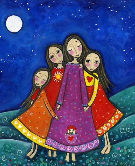 Best Friends Art, Mother And Child Painting, Sisters Art, Four Sisters, Friends Art, Gift For Sister, Arte Popular, Naive Art, Folk Art Painting