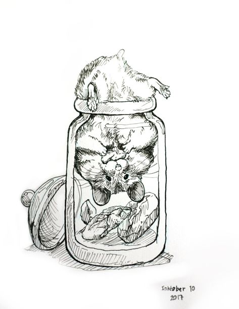 Inktober day 10. Stuck. Small Ink Drawings, Stuck Drawing, Jar Illustration, Inktober Sketches, Inktober Inspiration, Inktober Ideas, Whimsical Drawings, Micron Pen Art, Inktober 2023