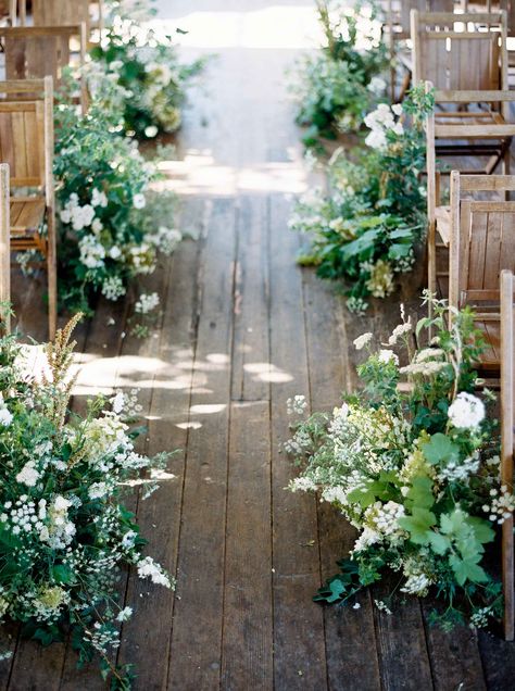 Wedding Aisle Flowers On Ground Diy, Green And White Aisle Flowers, Wedding Aisle Greenery, Wedding Aisle Floral, Marchesa Wedding Gown, Wedding Aisle Flowers, Aisle Arrangements, Green Spring Wedding, Effortless Wedding