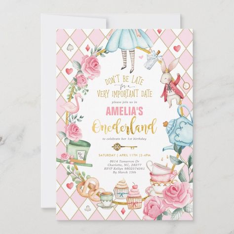 Alice in Wonderland 1st Birthday Onederland Party Invitation | Zazzle Tea Party Baby Shower Invitations, Alice In Onederland, Alice In Wonderland Invitations, Wonderland Invitation, Alice In Wonderland Birthday, 1st Birthday Party Invitations, Baby Shower Girl, Tea Party Invitations