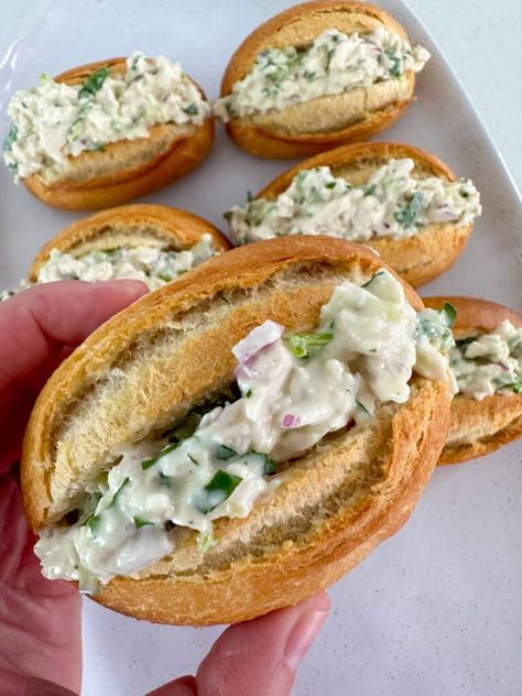 Hands down the best chicken sandwich filling - period! Perfectly poached chicken in a creamy dressing spiked with red onions, gherkins and parsley. Chicken Sandwich Filling, Best Chicken Sandwich, Bacon Mushroom Pasta, Roast Chicken Leftovers, Slow Cooker Breakfast, Chicken Sandwich Recipes, Home Edit, Poached Chicken, Sandwich Fillings