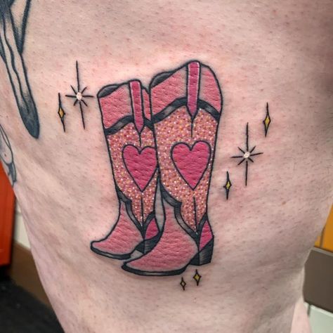 Dolly Inspired Tattoo, Dolly Parton Tattoo Ideas, Dolly Tattoo, Cowboy Boots Tattoo, Dolly Parton Tattoos, Boots Tattoo, Cowboy Boot Tattoo, Pink Cowboy Boots, Women Tattoos