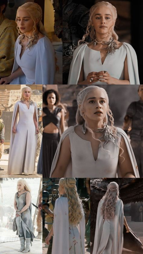 Khaleesi Outfits Daenerys Targaryen, Deneryes Targeryan Costume, Daenerys White Dress, Got Daenerys Dresses, Kalessi Costume, House Of Dragons Dresses, Deneryes Targeryan Outfit, Daenerys Targaryen White Dress, Game Of Thrones Wedding Dress