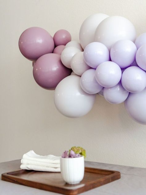 Take your event to the next level with this luxe plum/purple/lilac balloon garland kit which is sure to delight your guests. This party-ready garland can be hung or draped as a party or event backdrop or accent decor anywhere you choose. All balloons in this kit are double-layered to create the wonderfully subtle, custom colors you see in the photos, and the kit includes everything needed to create your very own balloon garland. Lilac Balloon Garland, Lavender Balloons, Lilac Balloons, Baby Party Decorations, Blowing Up Balloons, Small Balloons, Mini Balloons, Event Backdrop, Purple Plum