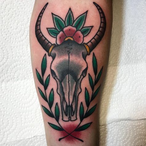 Bull skull i tattooed on @c_bisc yesterday. Thanks man Cow Skull Shin Tattoo, Punisher Skull Tattoo, Longhorn Tattoo, Cow Skull Tattoos, Bull Skull Tattoos, Shin Tattoo, Full Tattoo, Cerave Moisturizing Cream, Bull Tattoos