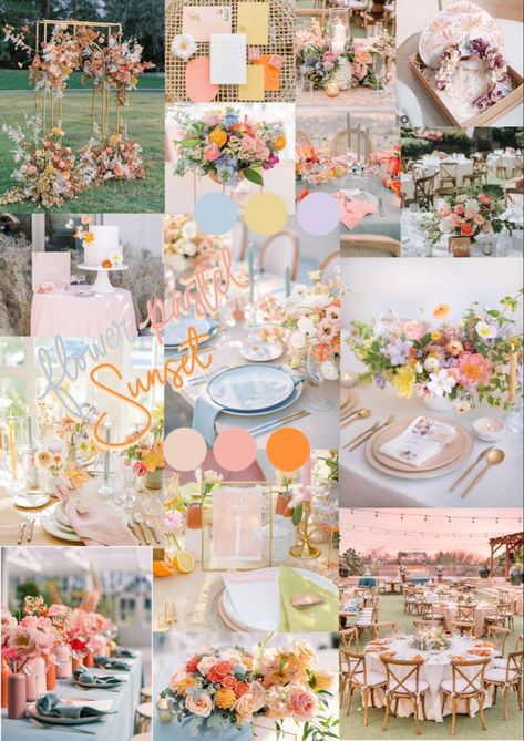 Colorful Classy Wedding, French Spring Wedding, Light Color Wedding Scheme, Champagne And Pastel Wedding, Sunset Color Scheme Wedding, Light Blue Spring Wedding, Wedding Pallet Ideas Colour Schemes, September Wedding Colors Schemes, Wildflower Color Palette Wedding