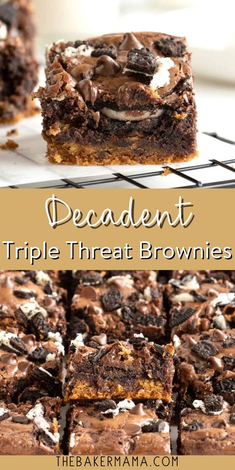 Decadent Triple Threat Brownies are made using Chocolate chip cookie dough, Oreo cookies and brownie batter. They will become your newest obsession. They’re three layers of goodness you won’t be able to resist! Theses three-layer brownies are so easy and so good! Store bought cookie dough and brownie mix make the whole thing a breeze! And they’re so delicious, we were eating them hot right out of the pan. Store Bought Desserts, Triple Chip Cookies, Cookies And Cream Brownies, Triple Chocolate Brownies, 5 Layer Brownie Cookie Cheesecake, Store Bought Cookie Dough Hacks, Triple Layer Brownies, Trisha Yearwood Chocolate Chip Cheesecake Bars, Brookies Recipe With Box Brownies And Premade Cookie Dough