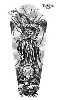 Evil Skull Tattoo, Grim Reaper Tattoo, Reaper Tattoo, Skull Sleeve Tattoos, Skull Sleeve, Evil Tattoos, Marvel Tattoos, Skull Art Drawing, Cat Tattoos