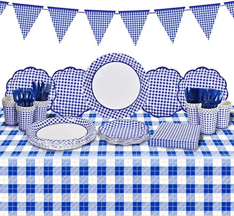 Blue And White Picnic Theme, Blue And White Gingham Party, Blue Gingham Party, Bridal Shower Bbq, Plaid Party Decorations, Blue And White Party, Dinner Picnic, Bbq Party Decorations, Banner For Birthday