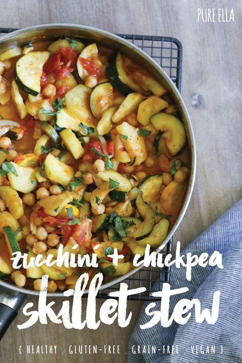 Chickpea Skillet, Summer Stew, Zucchini Chickpea, Vegan Stew Recipes, Healthy Stew, Clean Eating Vegan, Vegan Stew, Gluten Free Salads, Chickpea Stew