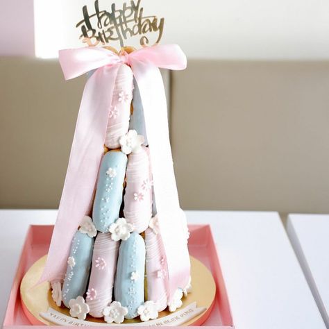 Eclair Tower, Tower Cake, Eclairs, Birthday Cakes, Diaper Cake, Birthday Cake, Tower, Happy Birthday, Dessert