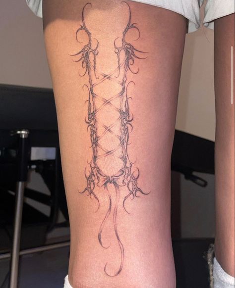 Hip Chain Tattoo, Thigh Corset Tattoo, Corset Ribbon Tattoo, Lace Bow Tattoo Back Of Leg, Ribbon Back Tattoo, Corset Tattoo Leg, Corset Tattoos For Women, Forestry Tattoos, Lace Up Tattoo