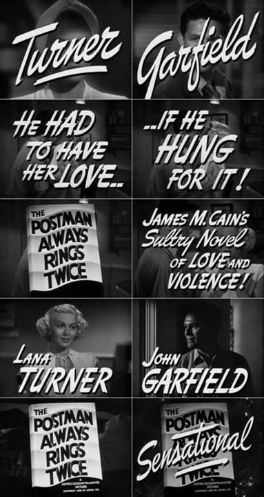 Original poster for "The Postman Always Rings Twice" , 1946, featuring Lana Turner, John Garfield and Cecil Kellaway (recreated in 1981 with Jessica Lange and Jack Nicholson) Movie Typography, The Postman Always Rings Twice, Postman Always Rings Twice, Classic Film Noir, John Garfield, Classic Films Posters, The Postman, Noir Movie, Lana Turner