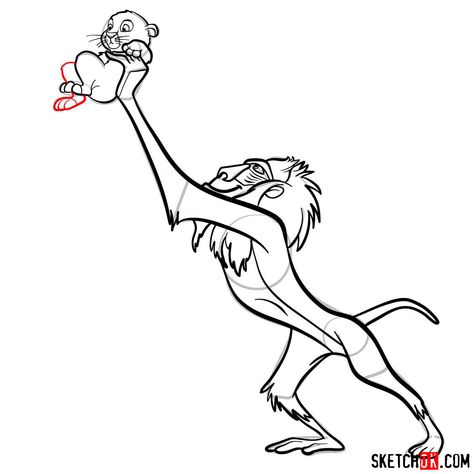 How to draw Rafiki holding Simba | The Lion King - Sketchok easy drawing guides Simba Rafiki Drawing, Rafiki Holding Simba, Rafiki Tattoo, How To Draw Simba, Rafiki Lion King, Draw Lion, Lion King Characters, The Lion King Characters, Disney Drawing Tutorial