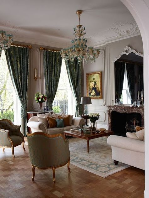 Old Style Living Room, French Style Living Room, Old World Interiors, Green Drapes, Marble Arch, Opulent Interiors, Elegant Interiors, Elegant Home Decor, French Decor