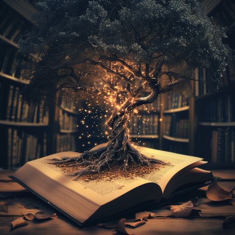 Enchanted Tree Library: A #mystical tree grows from the pages of an open #storybook in a #whimsical library. #fantasyart #digitalart #stockcake ⬇️ Download and 📝 Prompt 👉 https://stockcake.com/i/enchanted-tree-library_177838_30360 Whimsical Library, Tree Library, Gothic Tree, Enchanted Library, Enchanted Tree, Presents Ideas, Magical Tree, An Open Book, Wishing Tree